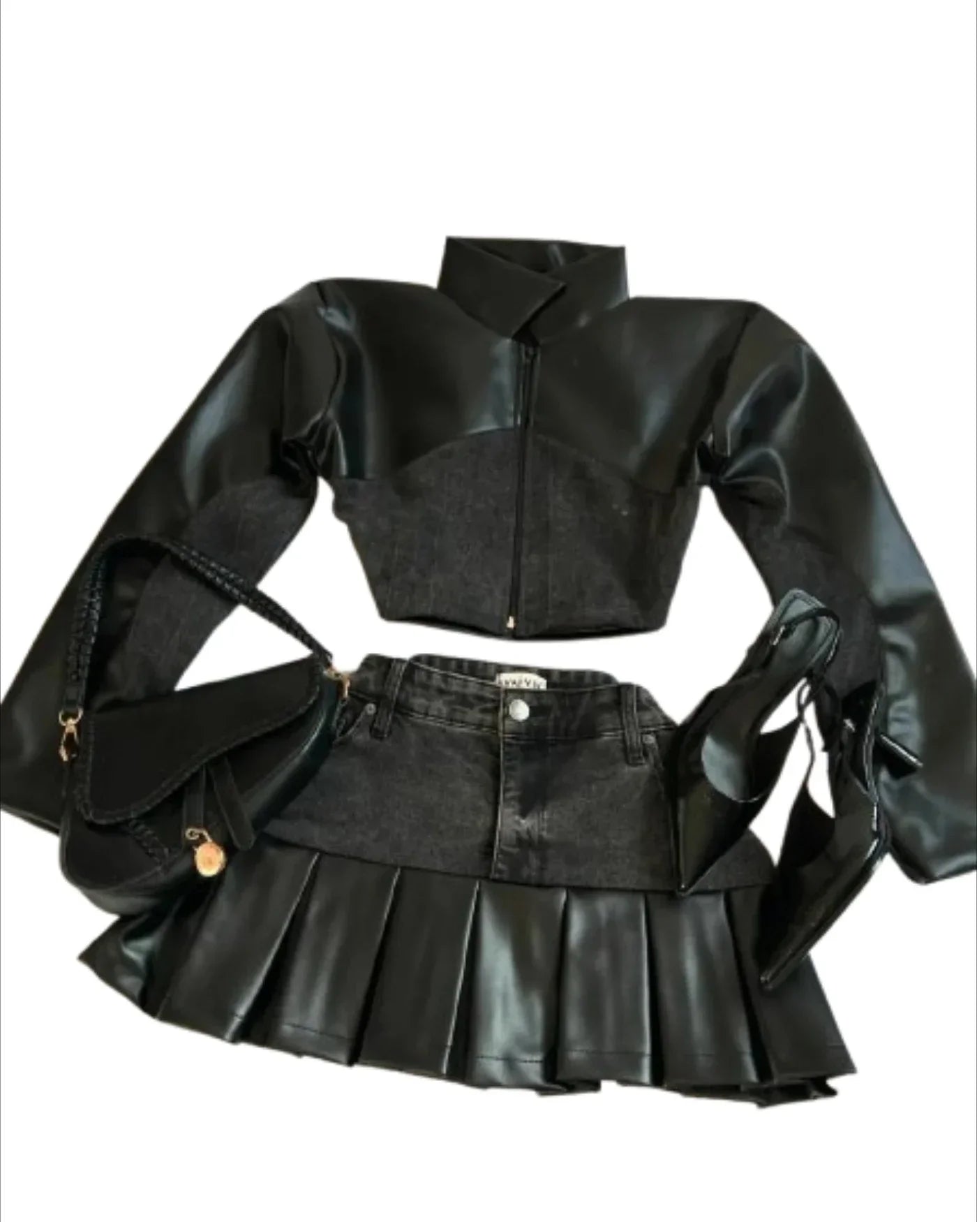 Y2K Black Leather Spliced Denim Two Piece Set Harajuku Zipper Long Sleeved Jacket Pleated Skirt Motorcycle Suit