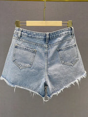 Y2K Distressed Diamond Tassel Blue Short Jeans Ripped Loose Wide Leg Denim Shorts Korean Casual Shorts