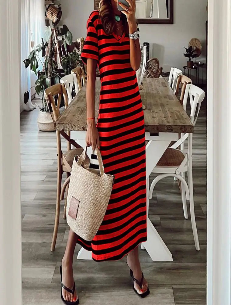 loose striped printed long dress with slits on both sides