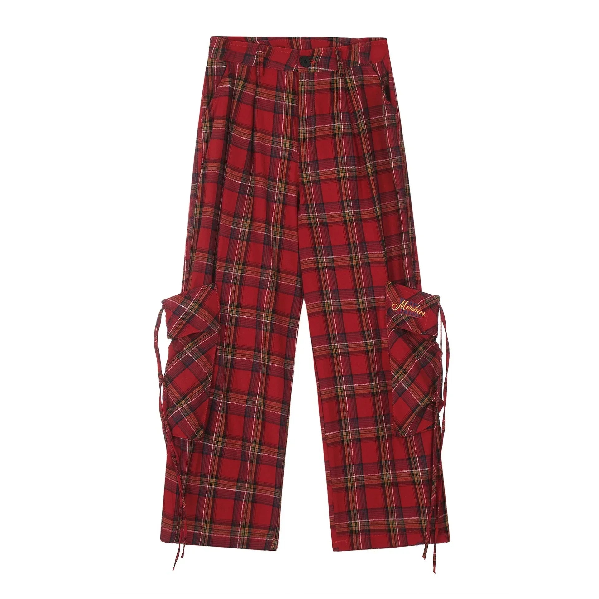 American Style Streetwear Large Pocket Red Plaid Work Casual Pants Loose-Fit Wide-Leg Drag Pants