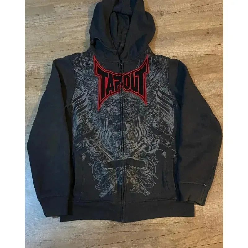 Y2K Tapout Zipper Hooded Sweater Retro Hip-hop Letter Printing Oversized Black Hooded Sweater