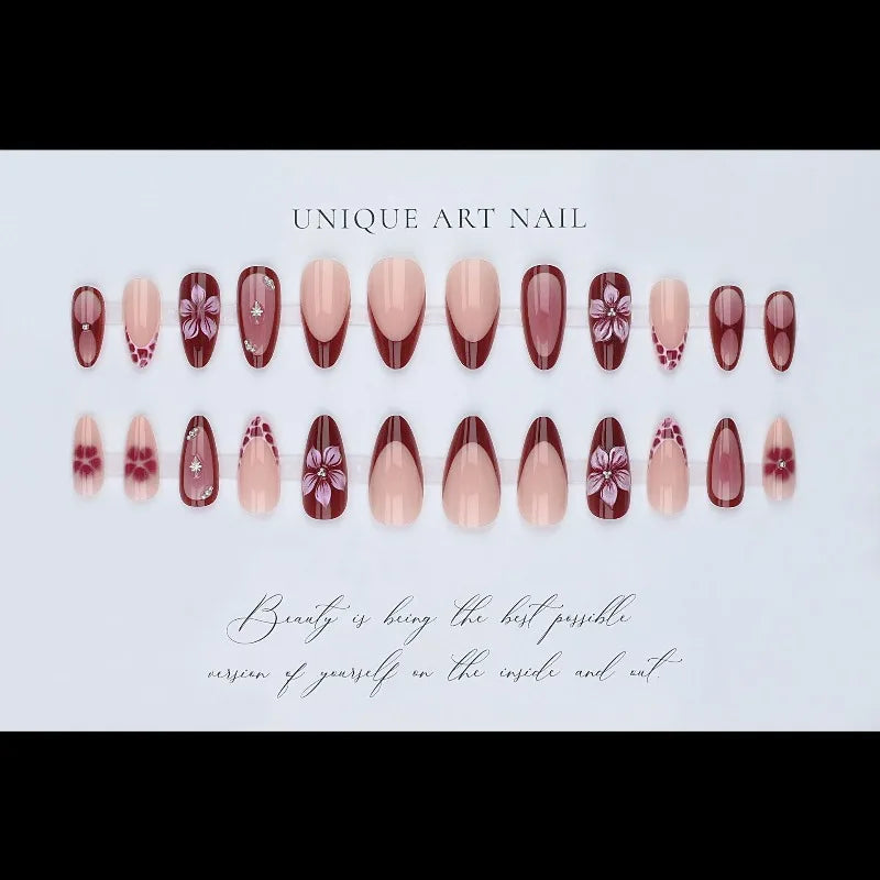 24PCS Simple Ins Dark Pink Blush 3D Flower Almond False Nails with Glue Leopard Print French Spice Girls Fake Nail Tips Press On