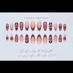 24PCS Simple Ins Dark Pink Blush 3D Flower Almond False Nails with Glue Leopard Print French Spice Girls Fake Nail Tips Press On