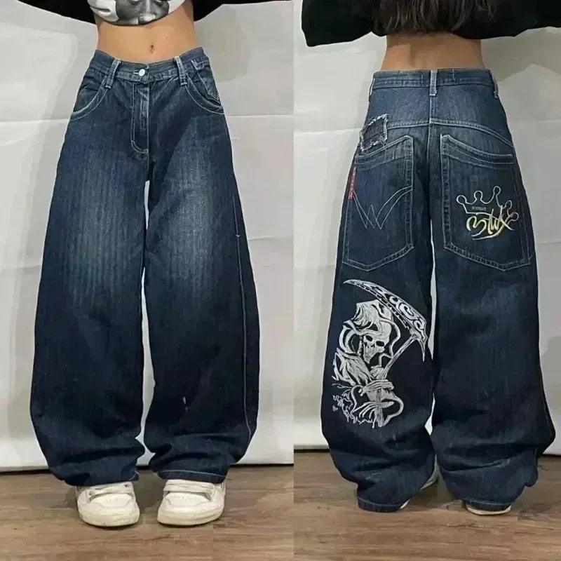 American Trend Joker Pattern Embroidered Loose Jeans Street Y2K Hip Hop Oversized Wide-leg Pants Unisex Jeans