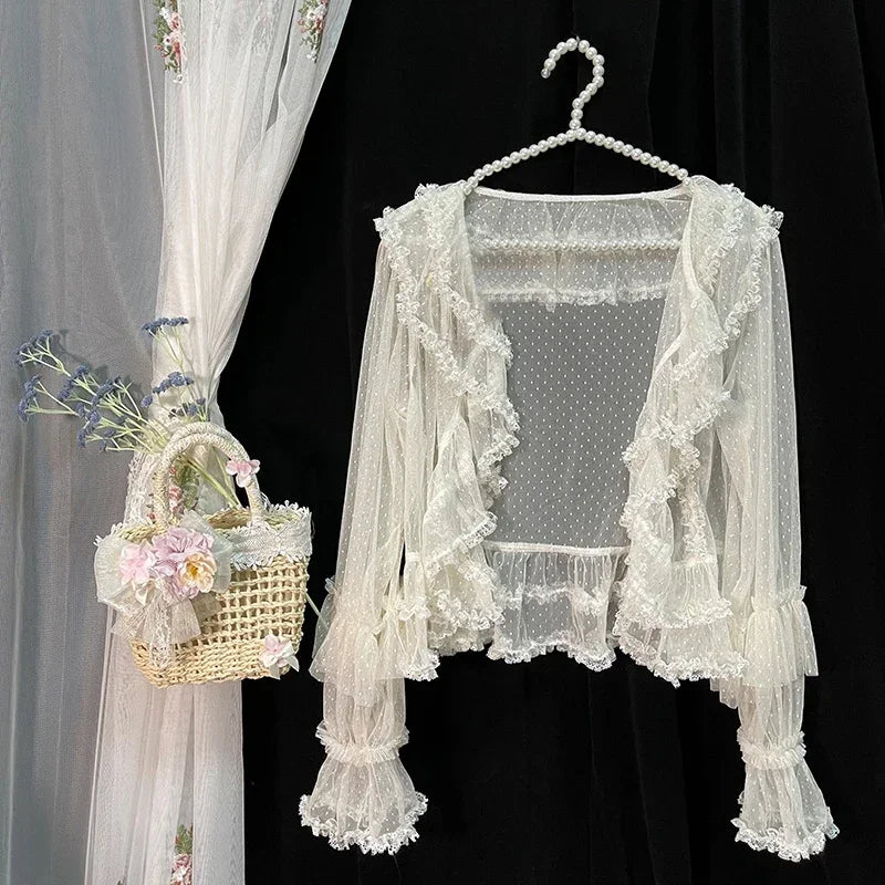 Lolita Sweet Shirts Lace Mesh Harajuku Blouse Y2K Long Sleeve Preppy Style Cardigan Japanese Ruffles Tops