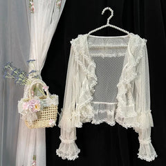 Lolita Sweet Shirts Lace Mesh Harajuku Blouse Y2K Long Sleeve Preppy Style Cardigan Japanese Ruffles Tops