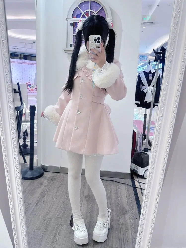 Design Elegant Pink Slim Woolen Cloth Coat Kawaii Sweet Warm Fur Collar Bow Lace Patchwork Casual Overcoat