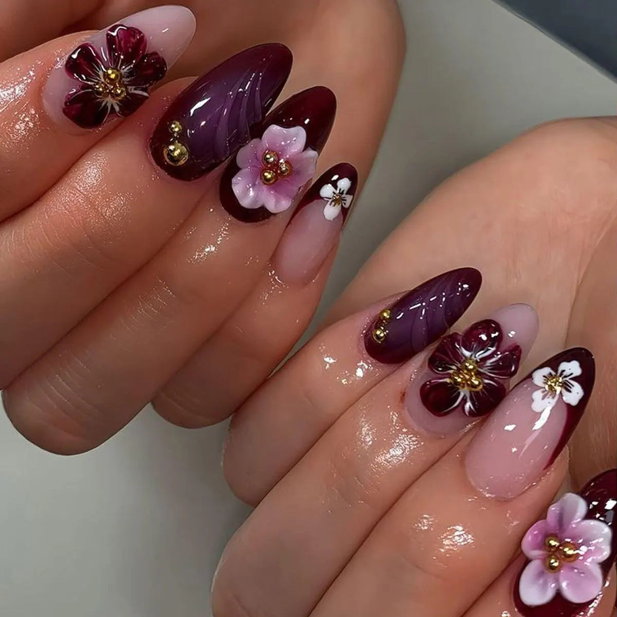 24PCS Simple Ins Dark Pink Blush 3D Flower Almond False Nails with Glue Leopard Print French Spice Girls Fake Nail Tips Press On