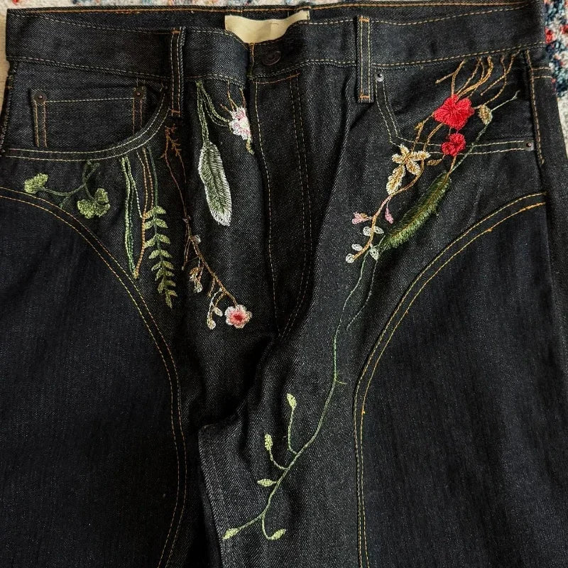 Y2K Floral Baggy Jeans Retro Blossom Embroidery Streamlined Unisex Streetwear Gothic High Street Oversized Wide Leg Pants