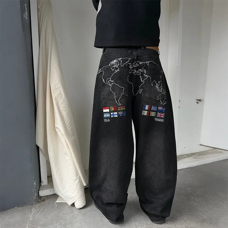 Y2K Washed Loose Jeans Vintage World Map Embroidery Multi Country Flag Patch Wide Leg Jeans Casual Streetwear