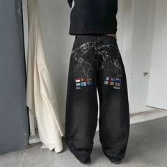 Y2K Washed Loose Jeans Vintage World Map Embroidery Multi Country Flag Patch Wide Leg Jeans Casual Streetwear