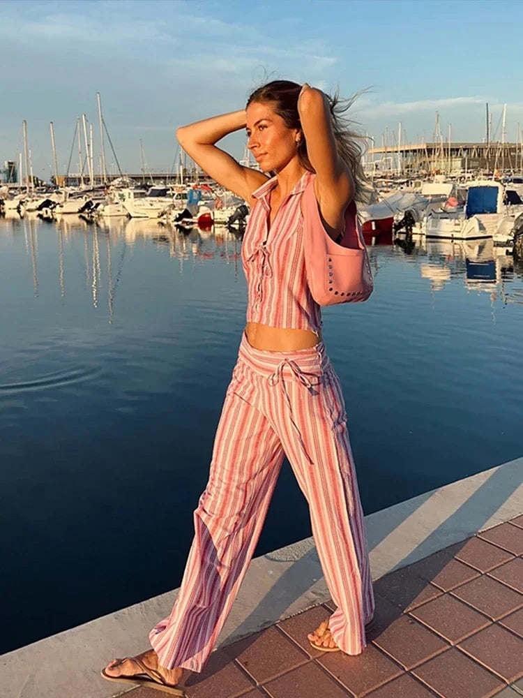 Striped Lace Up Vest Pants Set Sleeveless Backless Slim Lady Top Sets Straight Casual Pant Suit