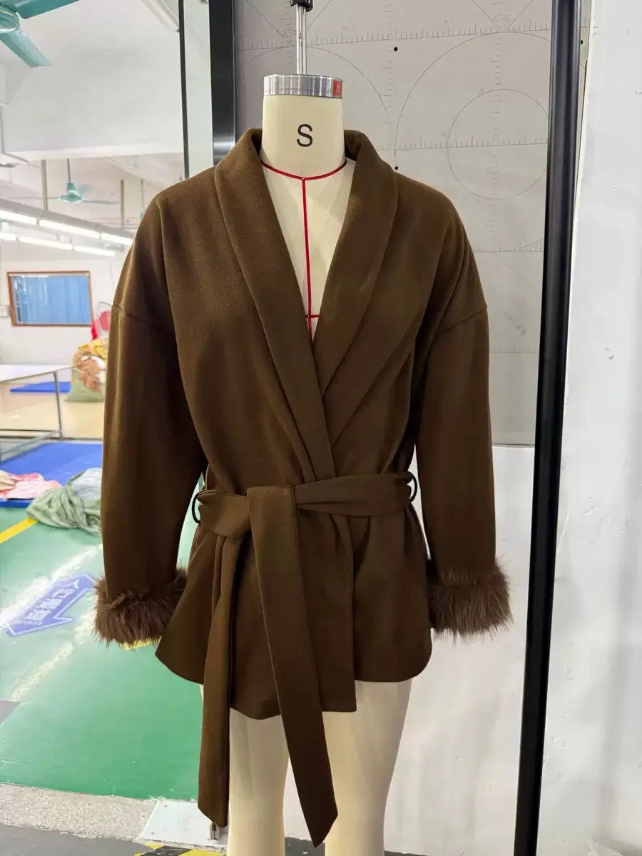 Americanable V-neck Lapel Furry Sleeves Lace-up Long-sleeved Woolen Coat Elegant Lace-up Long-sleeved Wool Coat