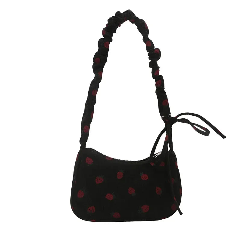 Small Underarm Bag Corduroy Handbag Cute Strawberry Print Little Tote Half Moon Design Eco Cloth Purse Mini Shoulder Bags