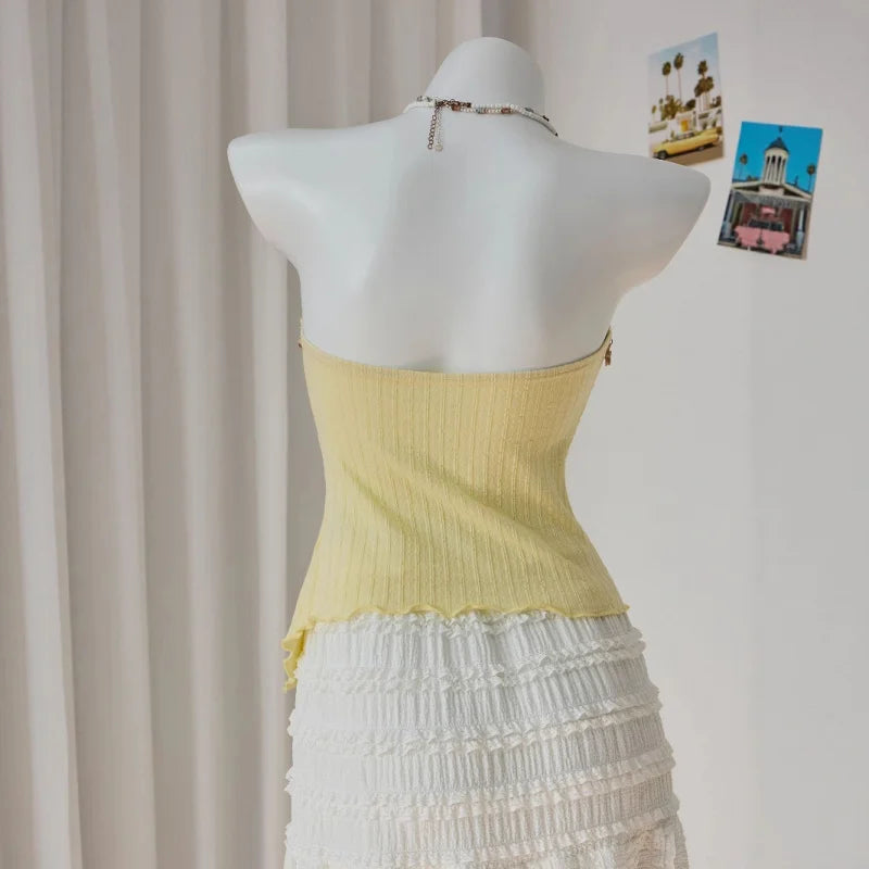 Sweet Yellow Slim Fit Knitted Tube Top With Shell Ribbon Decoration Irregular Pleated Side Slit Casual Vacation Top