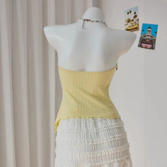 Sweet Yellow Slim Fit Knitted Tube Top With Shell Ribbon Decoration Irregular Pleated Side Slit Casual Vacation Top