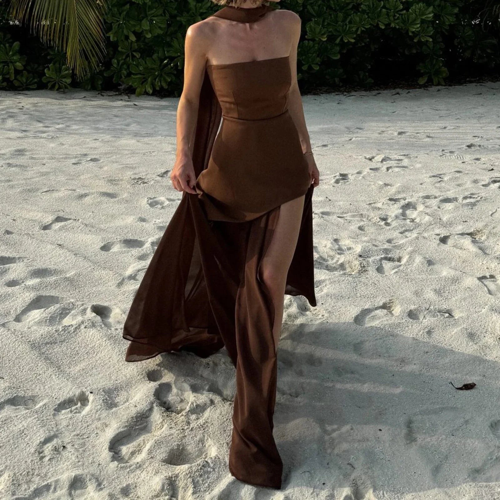Combhasaki Elegant Strapless Sheer Ruffle Hem Patchwork Backless High Split A-line Party Tube Long Dress with Scarf
