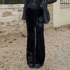 Rhinestones Star Velvet Flared Pants Y2K High Waist Baggy Sweatpants Jogging Casual Basic Boot Cut Trousers