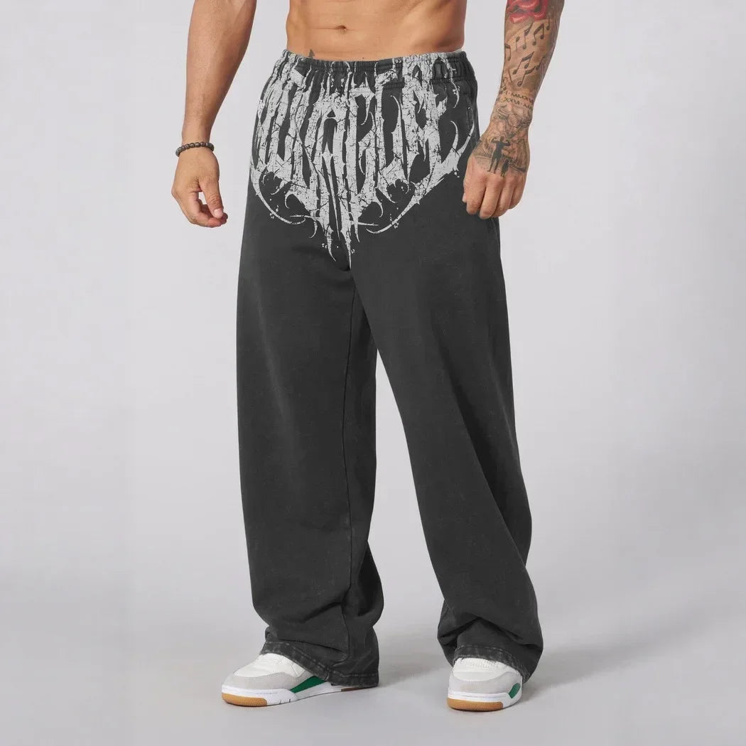American Style Trend Printed Cotton Straight Wide Leg Pants Fitness Training Jogger Casual Sweatpants Sports Pants