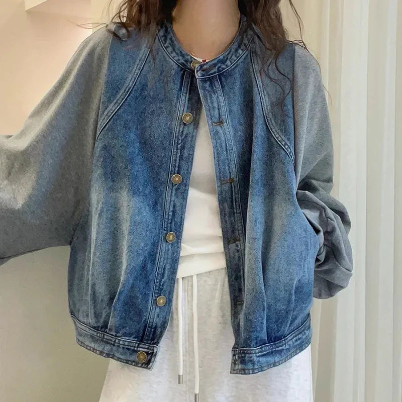 Harajuku Y2K Patchwork Denim Jacket O Neck Loose Casual Classic Coat Long Sleeve Single Breasted Rockabilly Baseball Jacke
