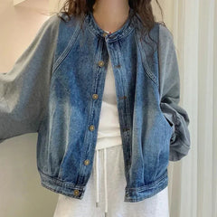 Harajuku Y2K Patchwork Denim Jacket O Neck Loose Casual Classic Coat Long Sleeve Single Breasted Rockabilly Baseball Jacke