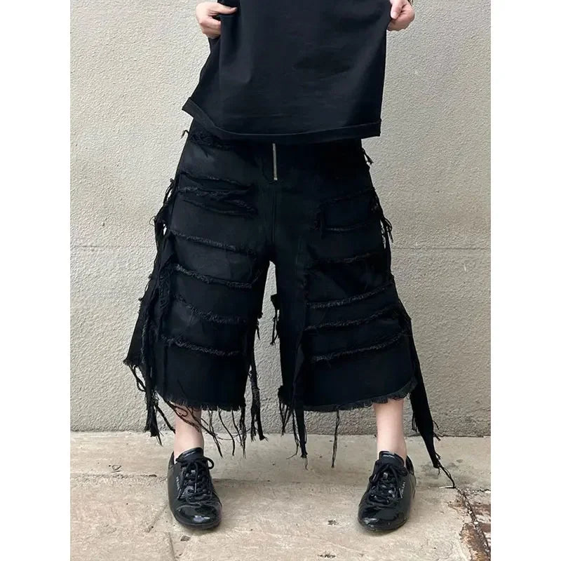 Harajuku Vintage High Waist Black Retro Washed Denim Shorts Gothic Casual Loose Y2K Streetwear Mid Long Short