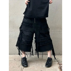 Harajuku Vintage High Waist Black Retro Washed Denim Shorts Gothic Casual Loose Y2K Streetwear Mid Long Short