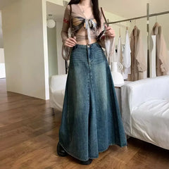 Sweet Cool Retro Distressed Denim High Waist A- Line Long Skirt Wrap Body Skirt Cotton Pure Color