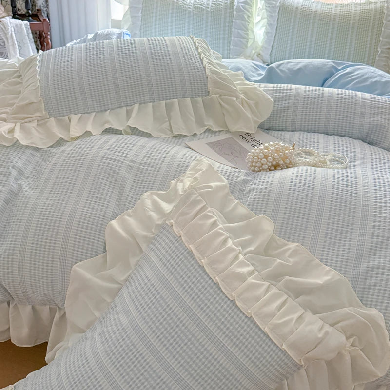 Pink Korean Princess Style Lace Ruffles Bedding Set Skin-friendly Seersucker Duvet Cover Set Fitted Sheet/Bed Sheet Pillowcases
