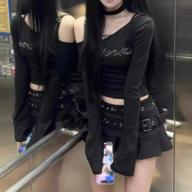 design double belt pleated skirt