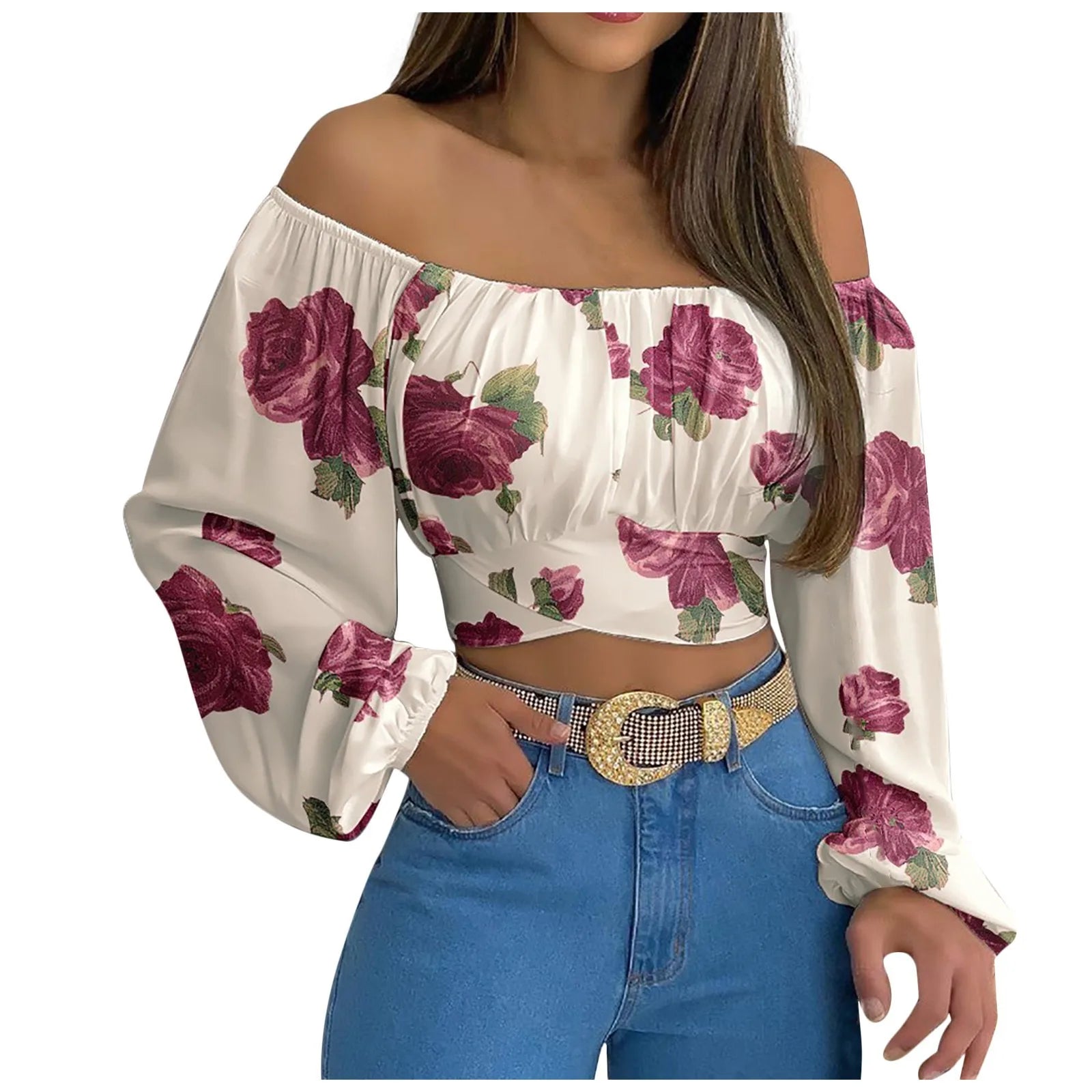 Off Shoulder Shirts Puff Long Sleeve Y2K Crop Tops Clothes Black White Blouse Bandage Elegant Shirt
