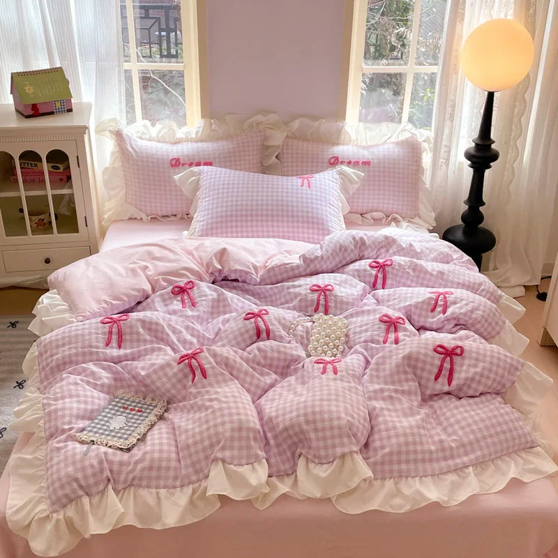 Korean Style Bedding Sets Pink Grid Bow Quilt Cover Romantic Bed Sheet Sets Girls Bedroom Duvet Cover 4pcs