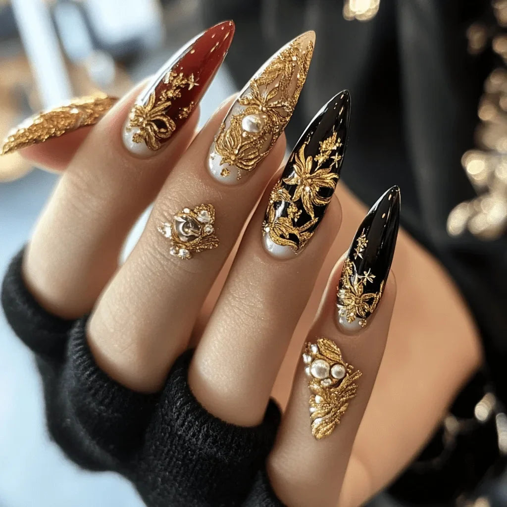 24pcs/set Medium long fake nails Swan fish flowers