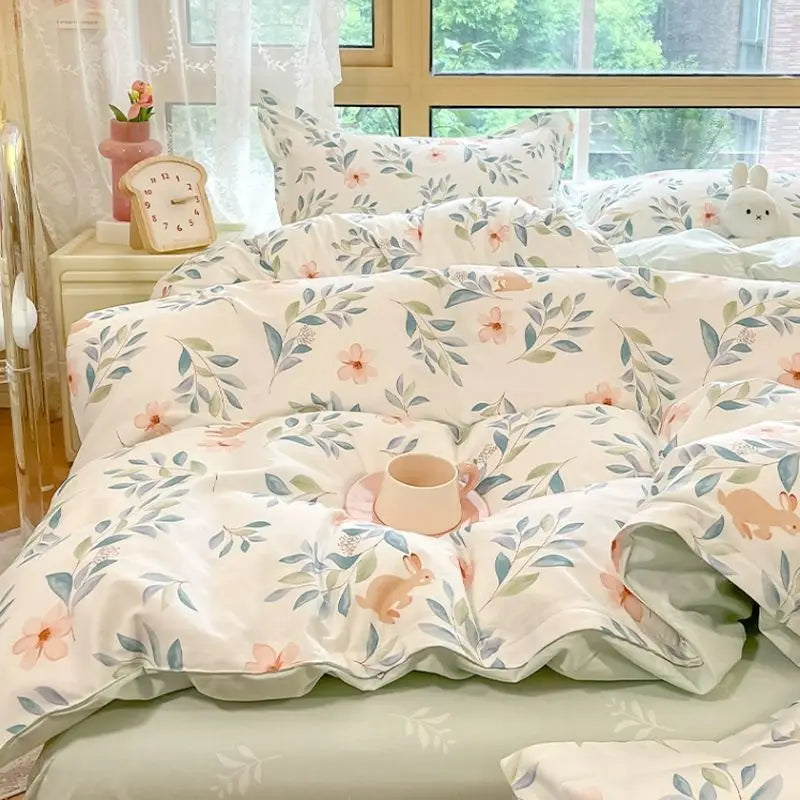 Floral Duvet Cover Set with Flat Sheet Pillowcase No Filler Girls Twin Full Queen Size Korean Soft Bedding Set