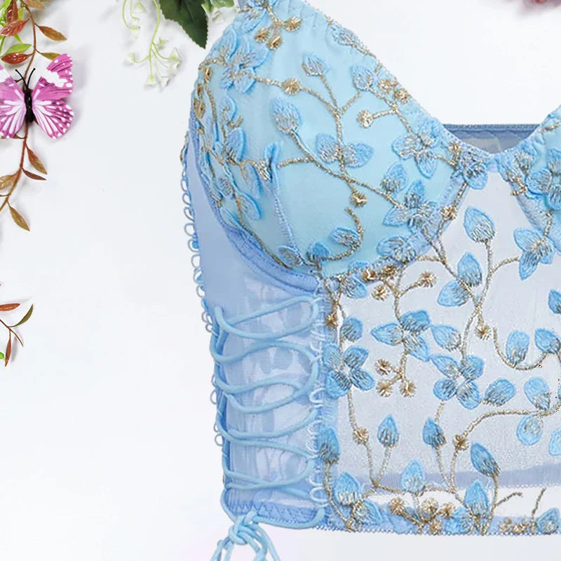 Blue Camisole Vest Bra Embroidery Flower Corsets Slim Fit Versatile Lady Corset Top Lace Rayon Ultra-Thin Thick Bra