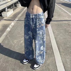 Printed Jeans Korean Styles Floral Denim Pant High Street Loose Straight Couples Trousers baggy hosen herren