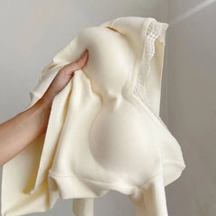 Lace Basic Top With Padding Bra V neck Warm Fleece Long sleeve T shirt Apricot White Lady Casual Blouse Underwear Tees