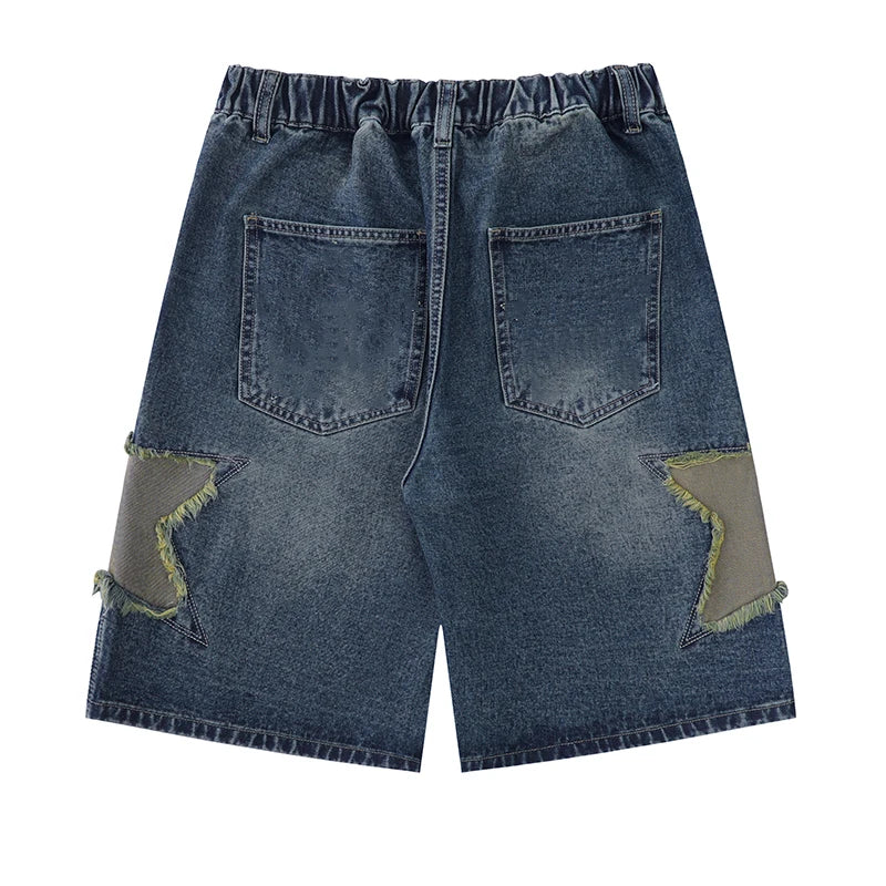 Star Patch Denim Shorts BF Style Loose Versatile Wide Leg Half Pants High Waisted Straight Leg Pants