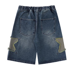 Star Patch Denim Shorts BF Style Loose Versatile Wide Leg Half Pants High Waisted Straight Leg Pants