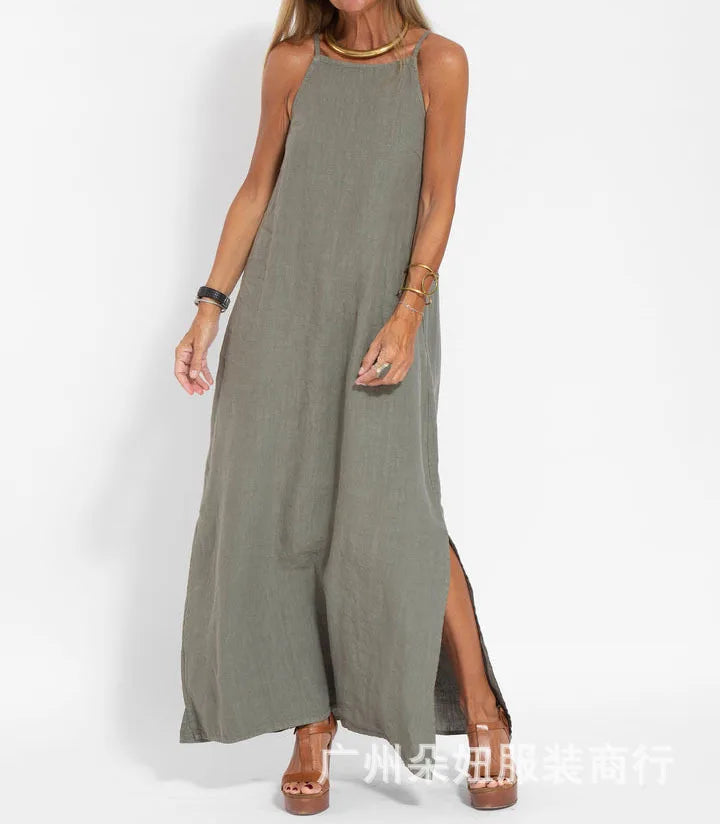 Cotton linen Side Split Long Slip Dress Lady Strapless Solid Color Holiday Party Dresses FYY-10080