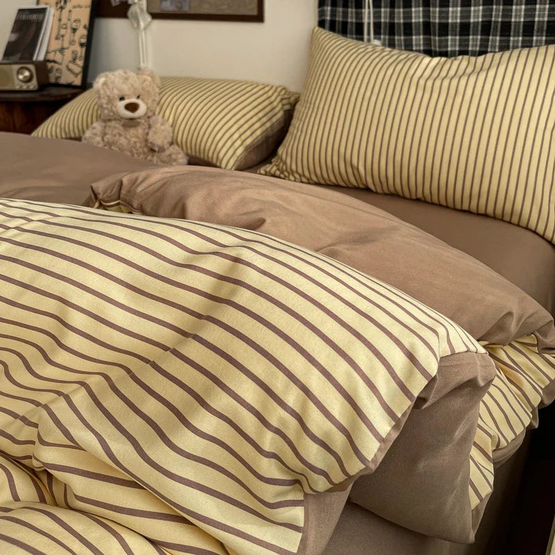 Three-piece striped checkered down quilt set, including a down quilt cover