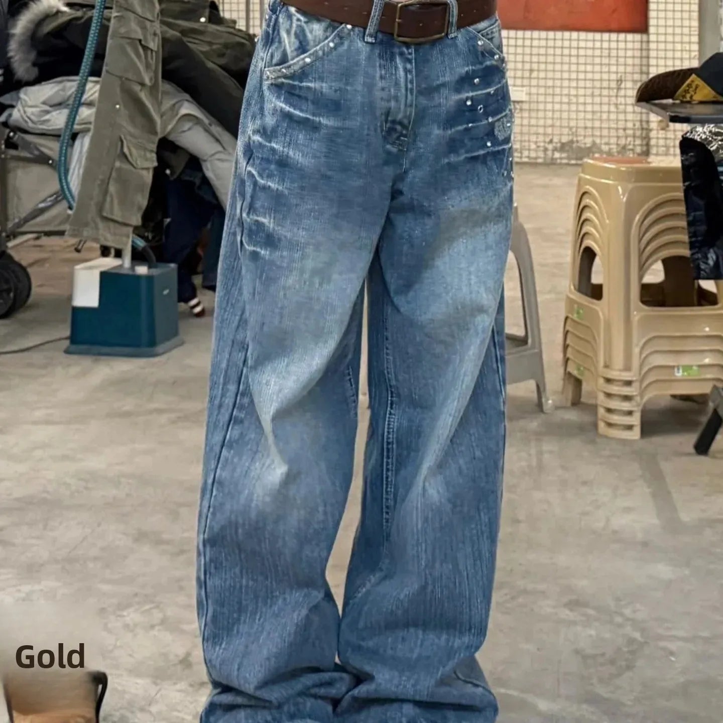 Retro American Rivet Low Waist Straight Leg Denim Jeans Spicy Girl High Street Unique Design Couple Vintage Style Long Trousers
