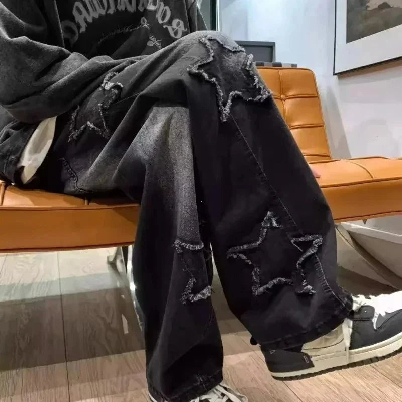 Stars Towel Embroidery Brown Jeans Y2K Clothes Straight Hip Hop Cotton Trousers Pantalon Homme