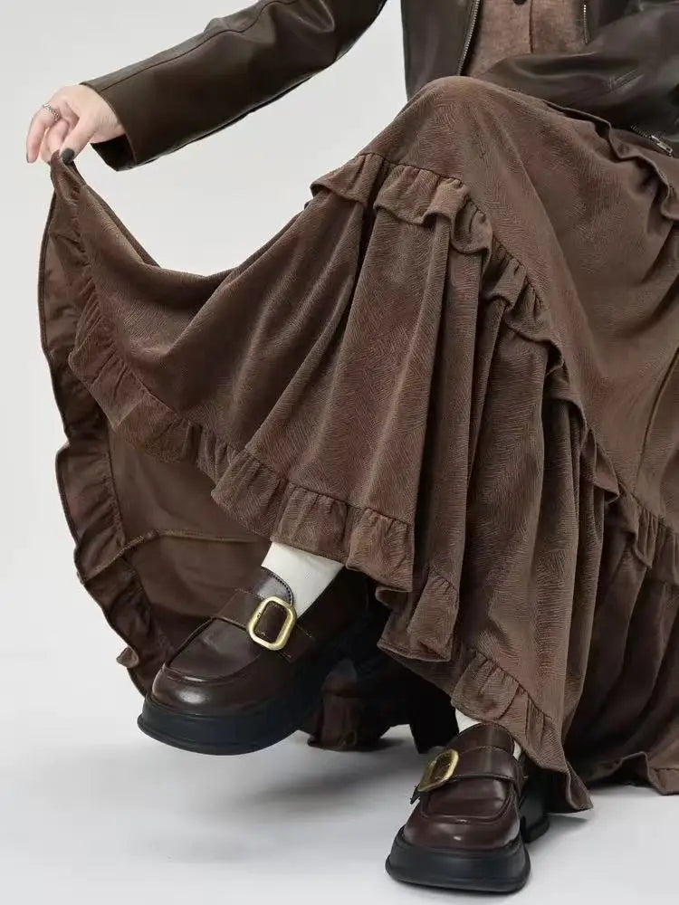 Fleece Midi Skirt Y2K Thick Ruffled Patchwork Casual Skirt Ladies High Waist Preppy A Line Skirt New