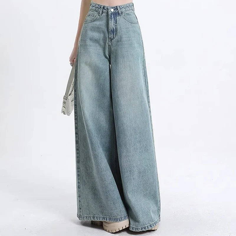 High Waist Korean Slacks Wide Leg Jeans Girls Punk 90s Vintage Denim Straight Leg Pants Light Blue Baggy Trousers