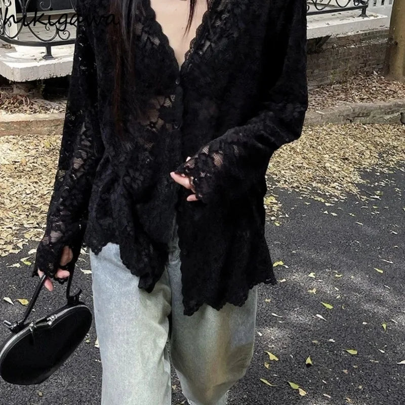 Long Sleeve Lace Blouses Clothing Blusas Mujer De Moda Hollow Out Tops See Through White Shirts