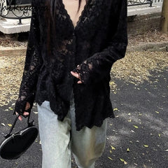 Long Sleeve Lace Blouses Clothing Blusas Mujer De Moda Hollow Out Tops See Through White Shirts