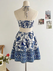 Romantical Floral Print Halter Neckable Dress Easy to Create Lazy Stylish Vacation Style Dress