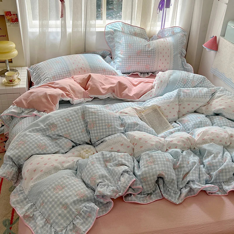 Ruffles Bedding Set Floral Style Duvet Cover Pillowcase with Bedsheet Skin-friendly Bed Linen Set Girls Room Bedclothes 이불세트