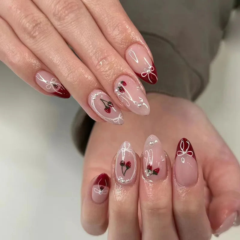 24PCS Wine Red Almond Press on Nails Cartoon Rabbit Bowknot with Plaid Pearl Designs French Fake Nails